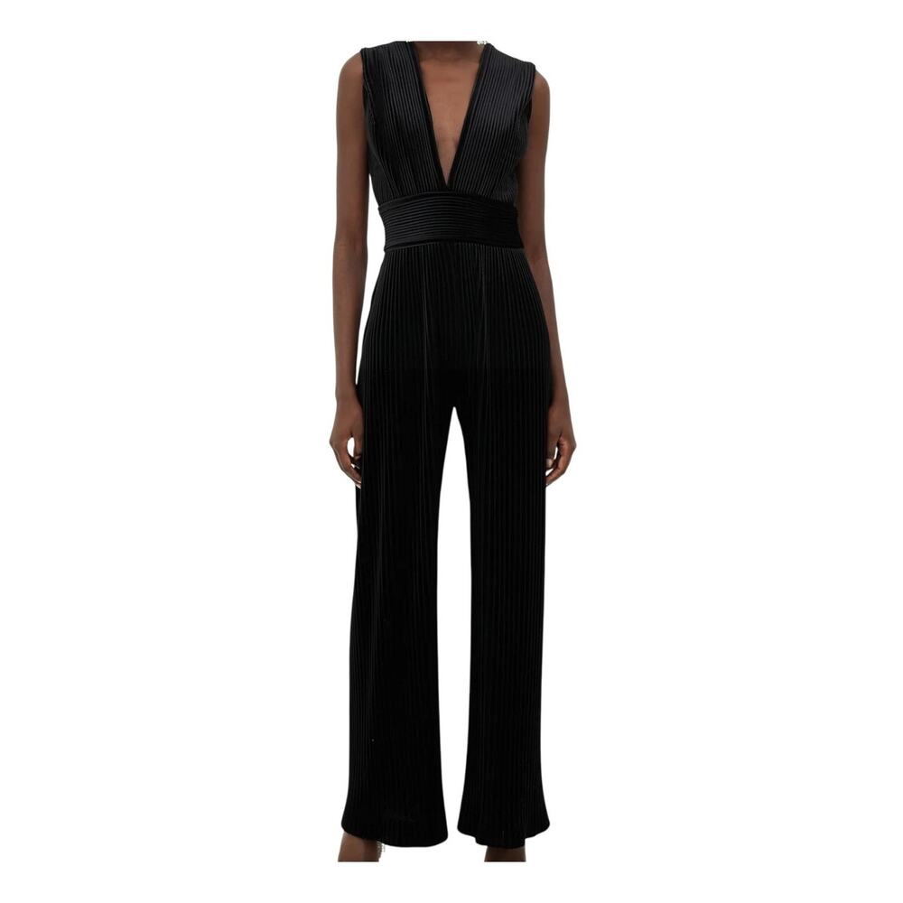 Balmain AW15 Pleated Velvet Plunging Jumpsuit FR 38 Black Wide-leg Sleeveless